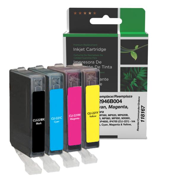 Toner Cartridge Store | Clover Imaging Remanufactured Black, Cyan, Magenta, Yellow Ink Cartridges for Canon CLI-221 (2946B004) 4-Pack